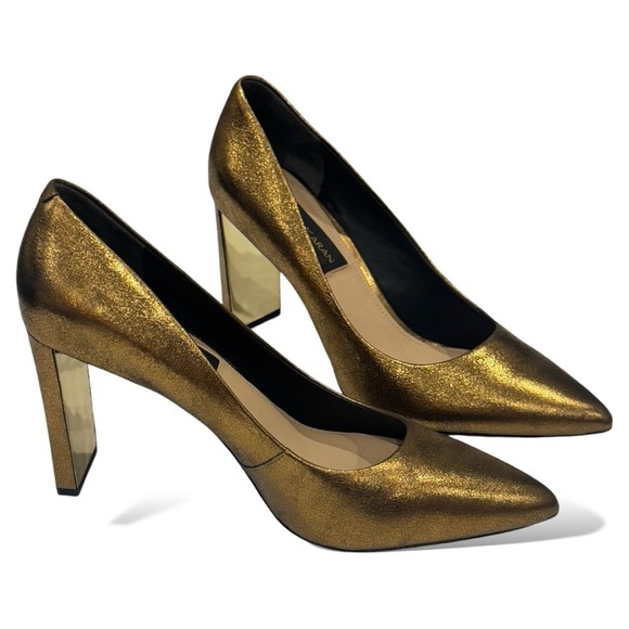 Donna Karan Criss Crinkle Metallic Bronze Pointy Toe Block Heel Leather Pump 7.5 - Picture 3 of 13